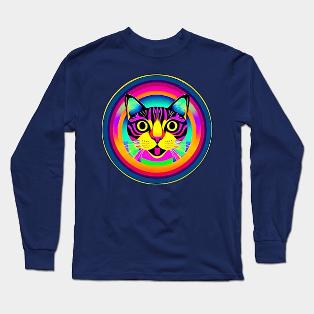 Funny Purple And Yellow Cat Inside The Colorful Round Frame Long Sleeve T-Shirt by funfun